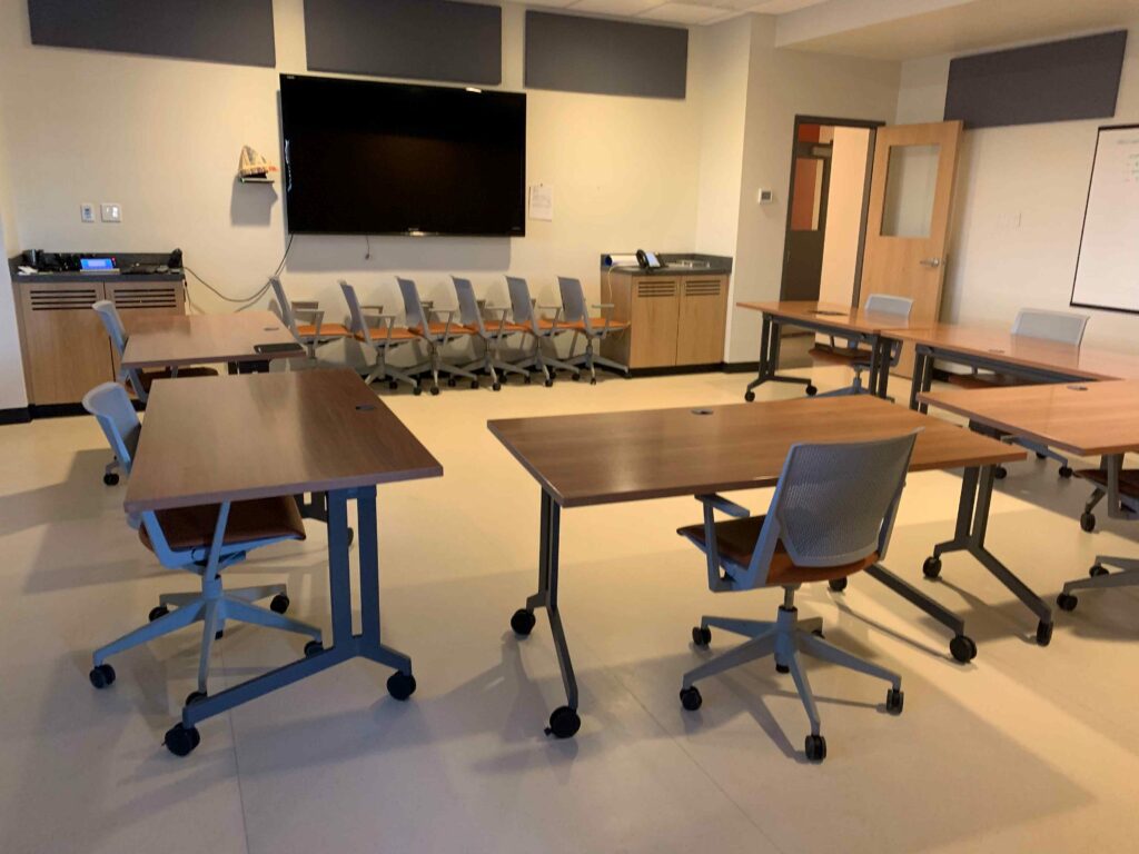 Tables and chairs in a conference room